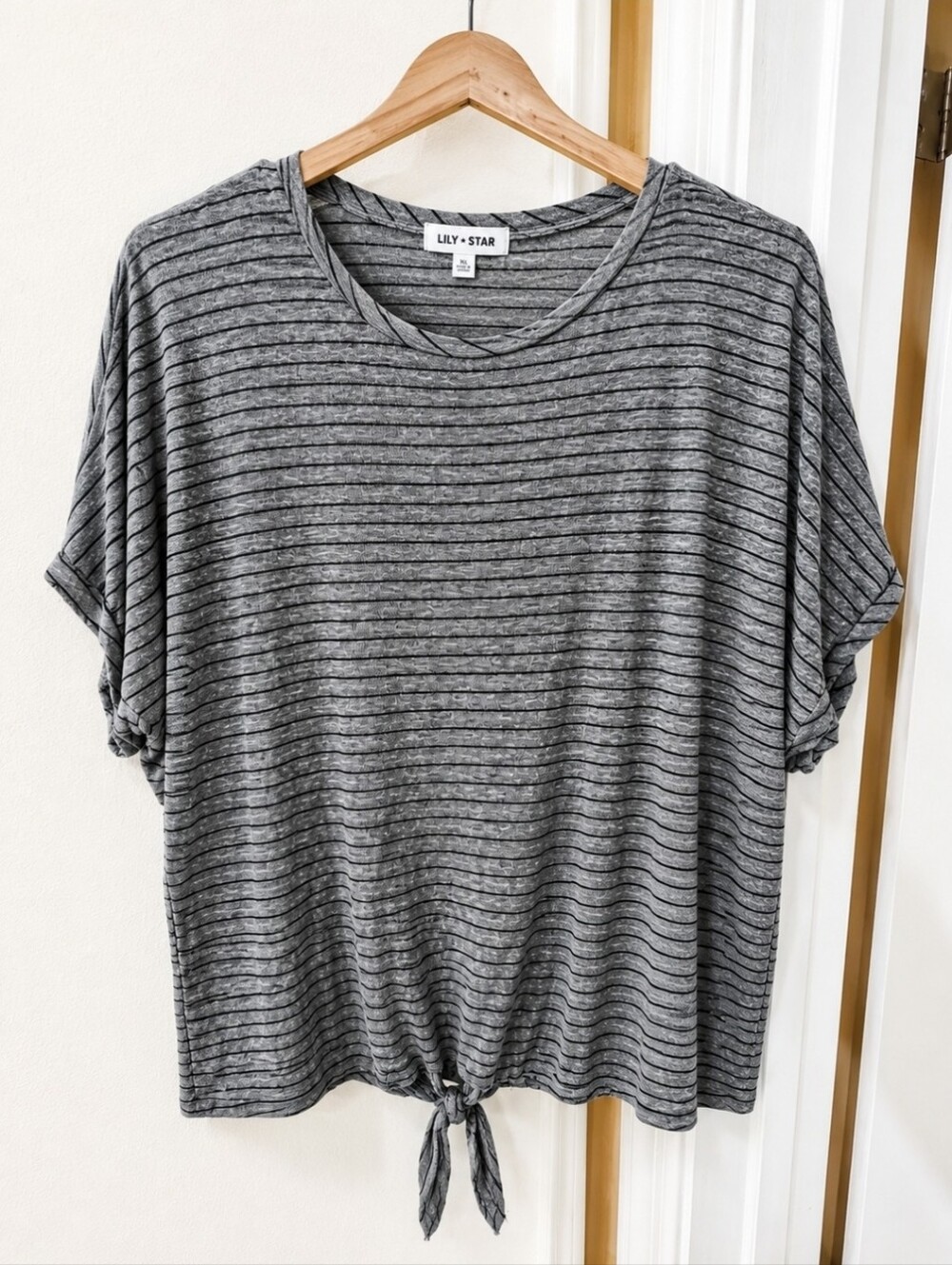 Lily Star Gray Striped Tie-Front Short Sleeve Top